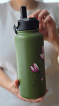 32 oz insulated green water bottle, hand-painted rudbeckia flower design.