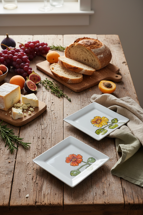 Assiette carrée design fleur capucine jaune Pero