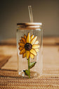 Sunflower design can size glass with lid and straw