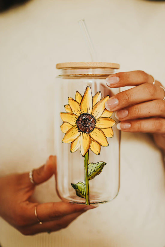 Verre format canette design tournesol avec couvercle et paille