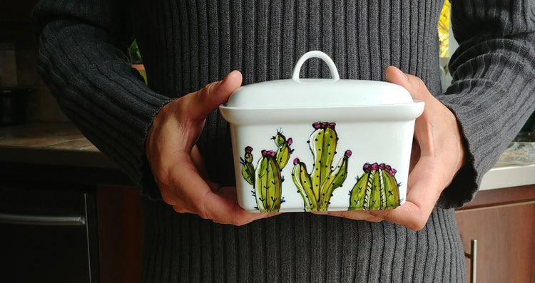 beurrier avec couvercle peint à la main cactus