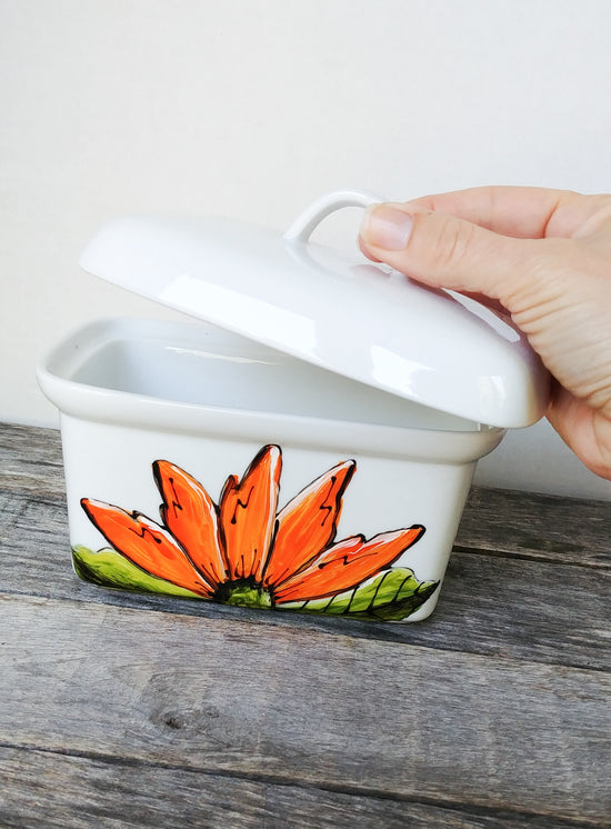 Butter dish 1 pound orange flower design in porcelain
