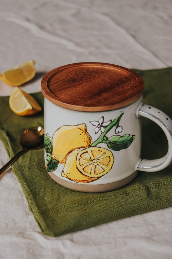 Tasse en grès | citron | couvercle en acacia