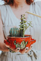 Red bowl with 2 handle, cactus design, hand painted gift by Pero
