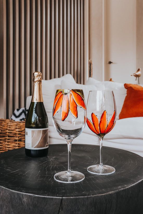 Duo de verres à vin design fleur orange