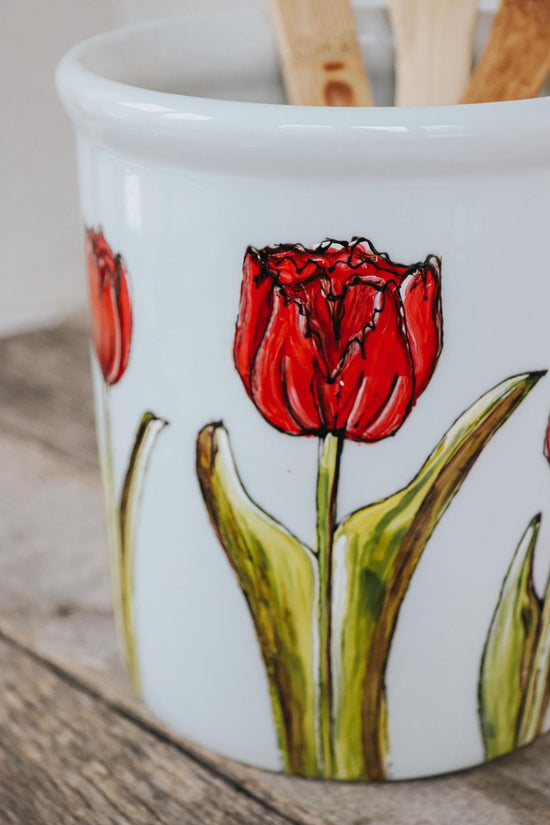 Recycled glass bottle for oil or dressing, red tulip flower design