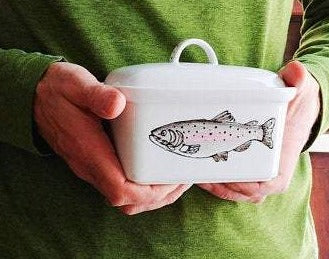 Butter dish 1 pound design fish in porcelain, gift idea