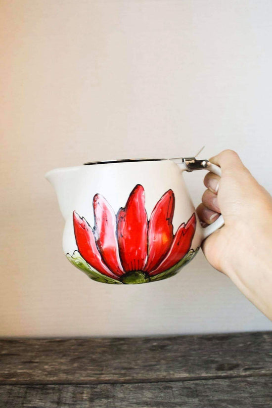 Théière avec infuseur design fleur rouge