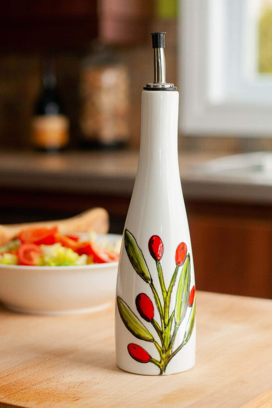 Hand-painted oil or vinegar bottle olive design