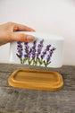 Lavender butter dish with bamboo base contains one pound of butter
