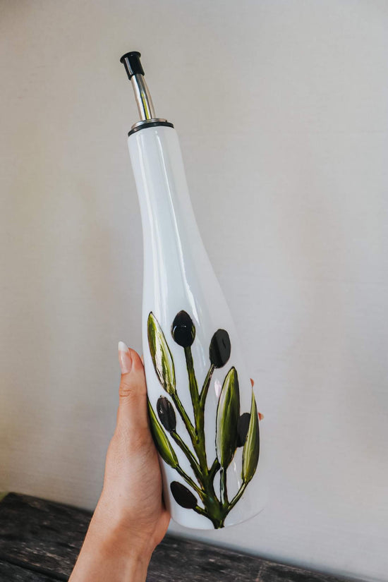 Bouteille pour huile ou vinaigre peinte à la main design olives kalamata