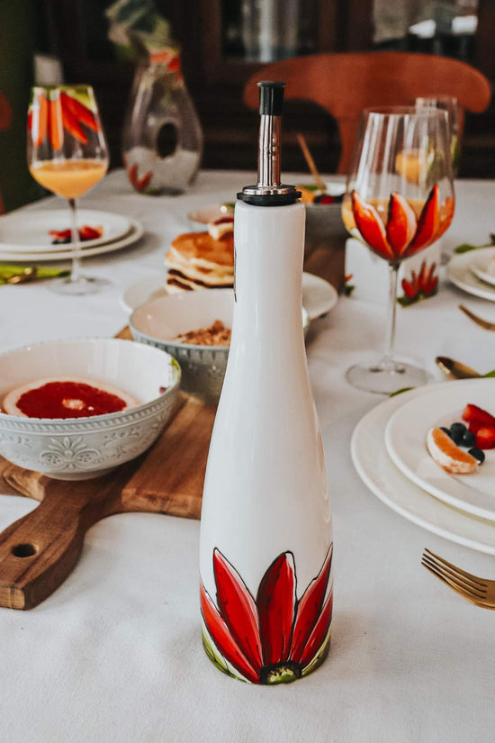 Bouteille en grès | huile ou vinaigre | fleur rouge