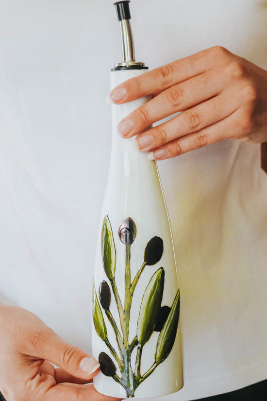 Bouteille pour huile ou vinaigre peinte à la main design olives kalamata