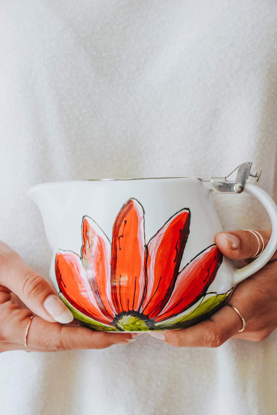 Théière avec infuseur design fleur rouge