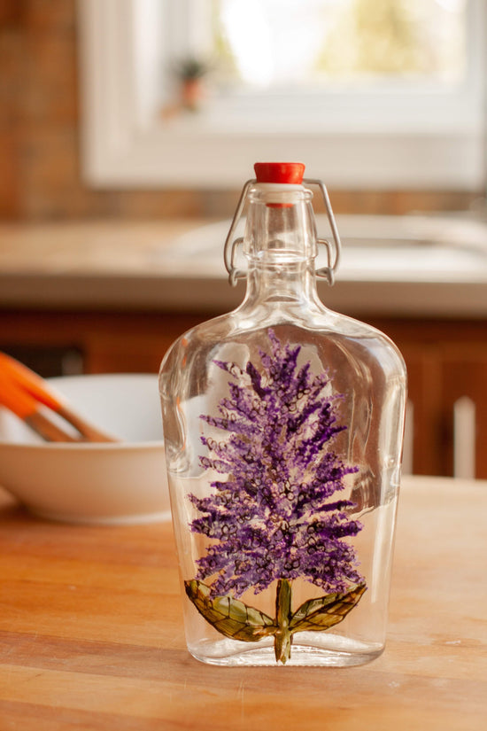 Recycled glass bottle for oil or vinaigrette design lilac