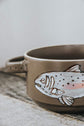 Brown-grey bowl with 2 fish design handles hand painted.