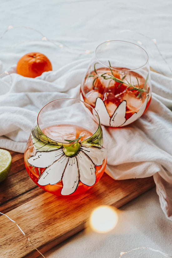 Duo de verres sans pied design fleur blanche