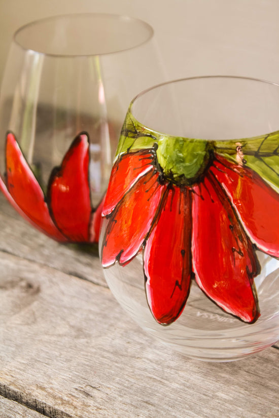 Duo de verres à vin design fleur rouge