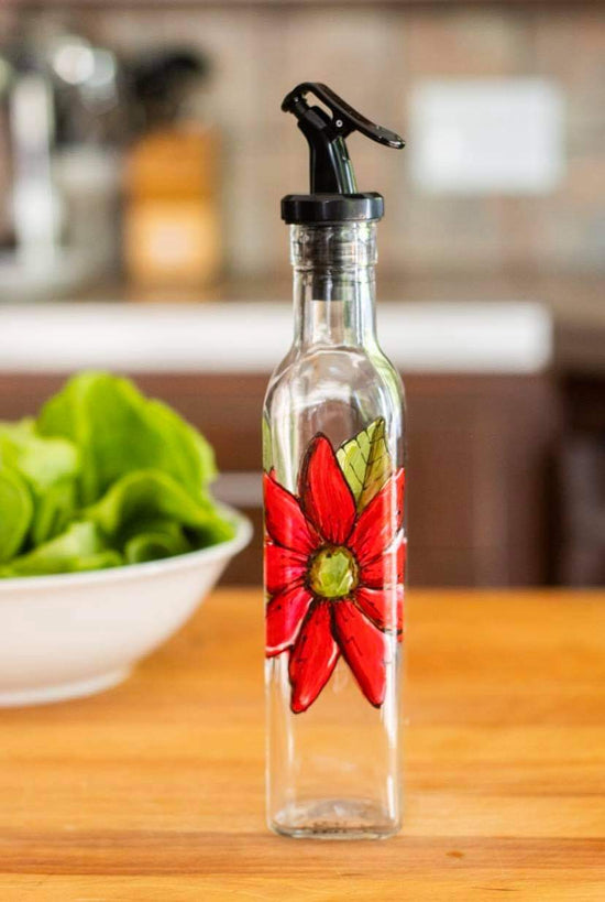 Bouteille en verre pour huile ou vinaigrette design fleur rouge peinte à la main