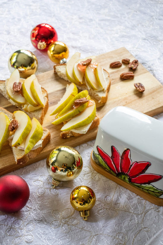 Red flower butter dish with bamboo base