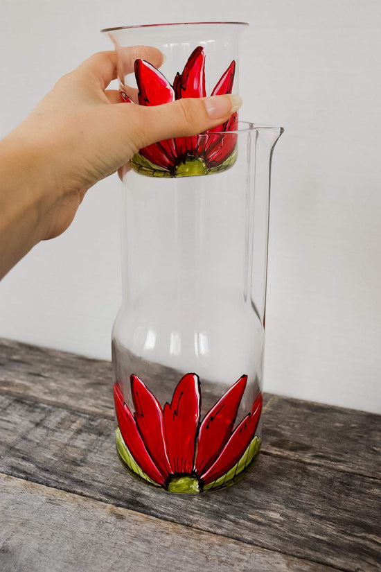 Carafe d'eau et verre design fleur rouge