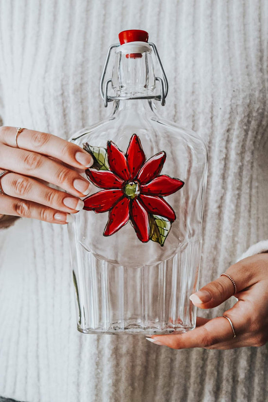 Bouteille verre recyclé | huile ou vinaigrette | fleur rouge