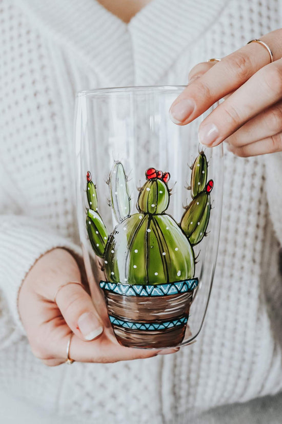 Verre double paroi peint à la main design cactus