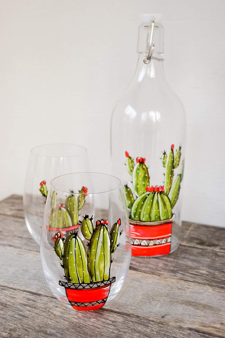 Carafe en verre avec bouchon collection cactus peint à la main