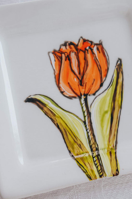 Assiette carrée design tulipe orange