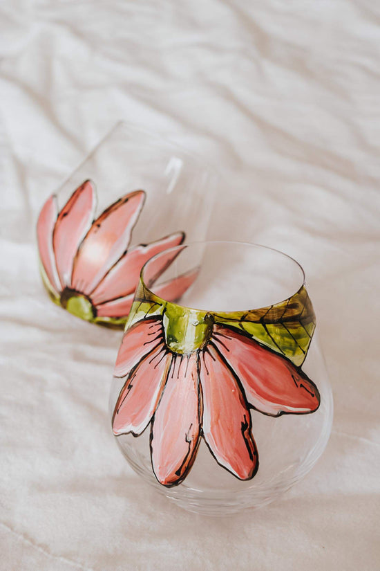 Duo of glasses without base, shimmery ping flower design
