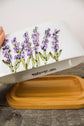 Lavender butter dish with bamboo base contains one pound of butter