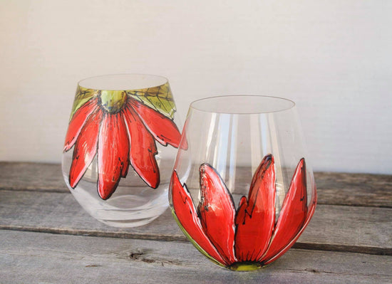 Duo de verres à vin design fleur rouge